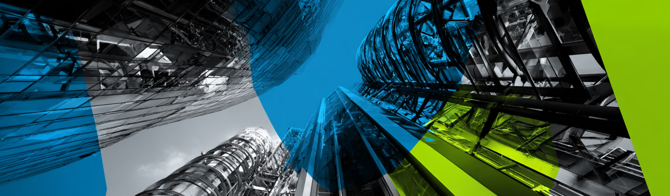 A view upwards between two tall buildings.