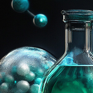 Dramatically lit chemical flask and chemical bond models to represent the pharmaceutical industry.